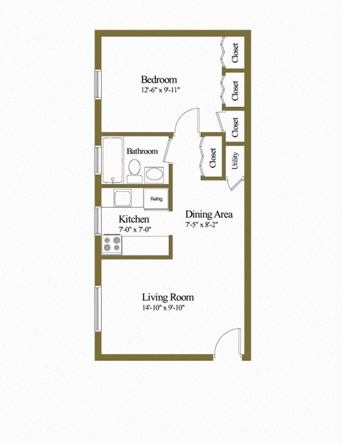 Floor plan for studio, 1 bath, 625 sqft